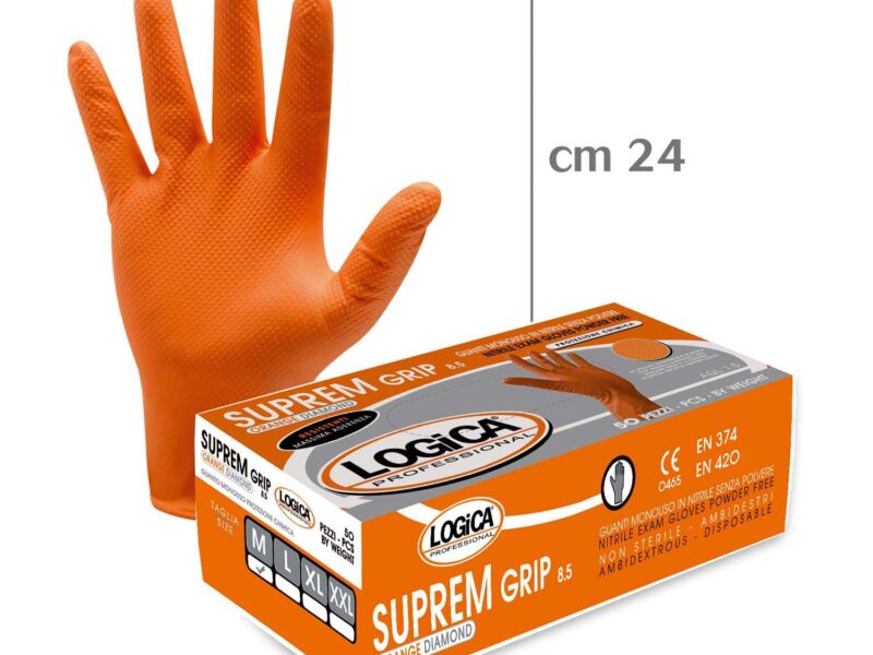 guanti-logica-suprem-fronte Guanti Monouso SUPREM – Nitrile Arancio con Finitura Diamantata
